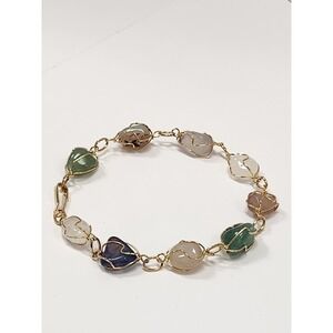 Handmade Wire Wrapped Tumble Gemstone Link Bracelet Gold Tone Boho Natural Stone